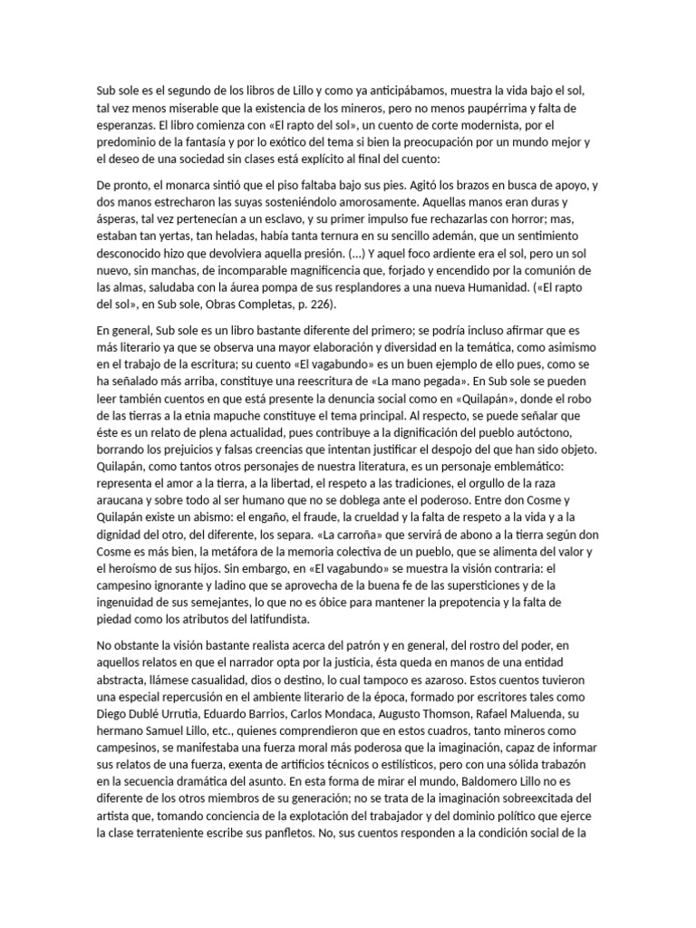 Resumen Sub Sole - Baldomero Lillo | PDF