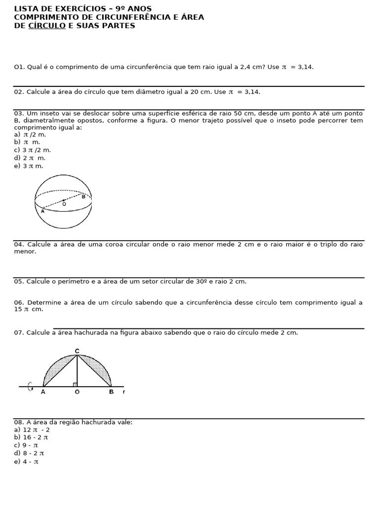 Exercícios de Circunferência - 9º Ano | PDF | Círculo | Métodos e ...