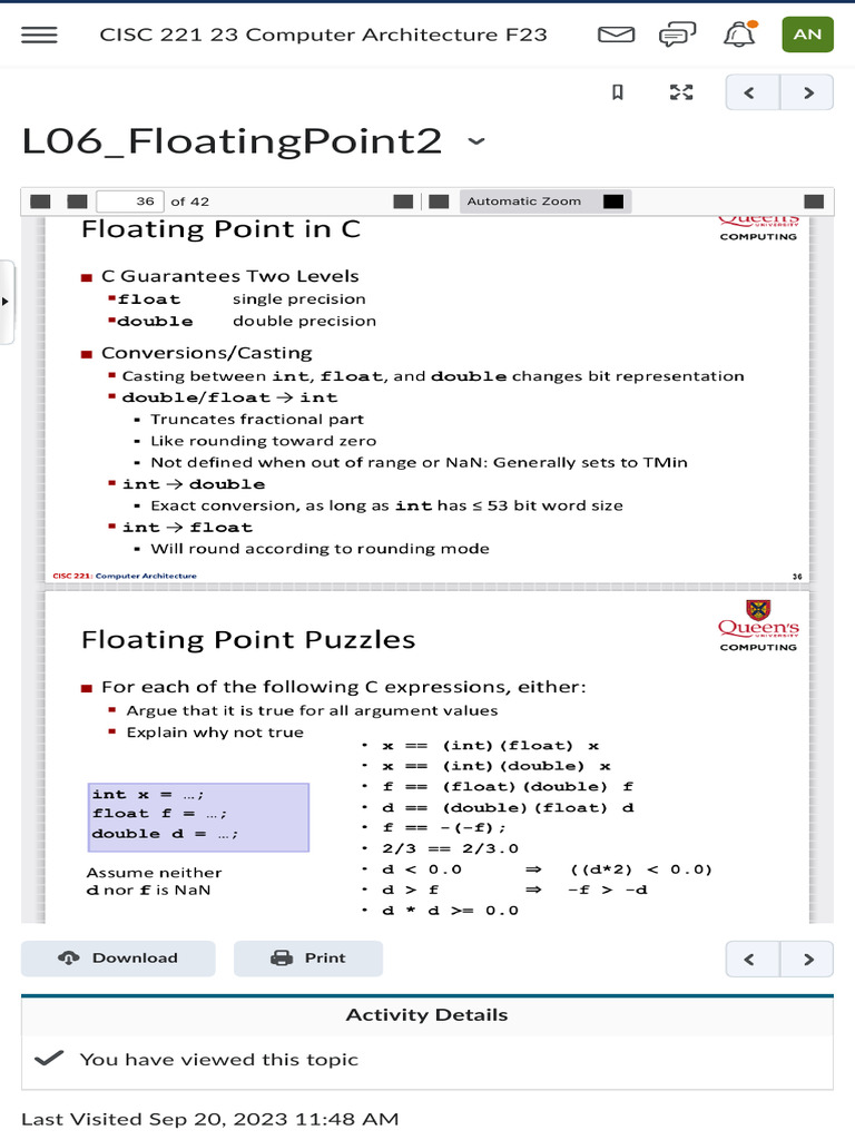 L06 - FloatingPoint2 - CISC 221 23 Computer Architecture F23 | PDF