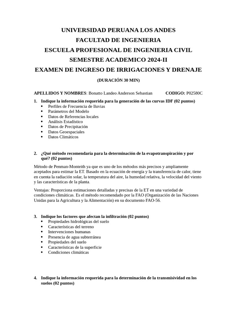 Examen de Irrigacion y Drenaje Bonatto PDF