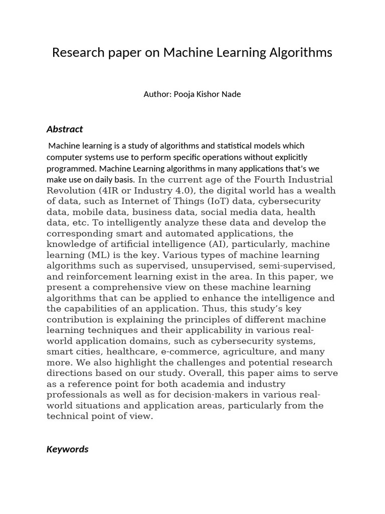 Research Paper On Machine Learning Algorithms | PDF