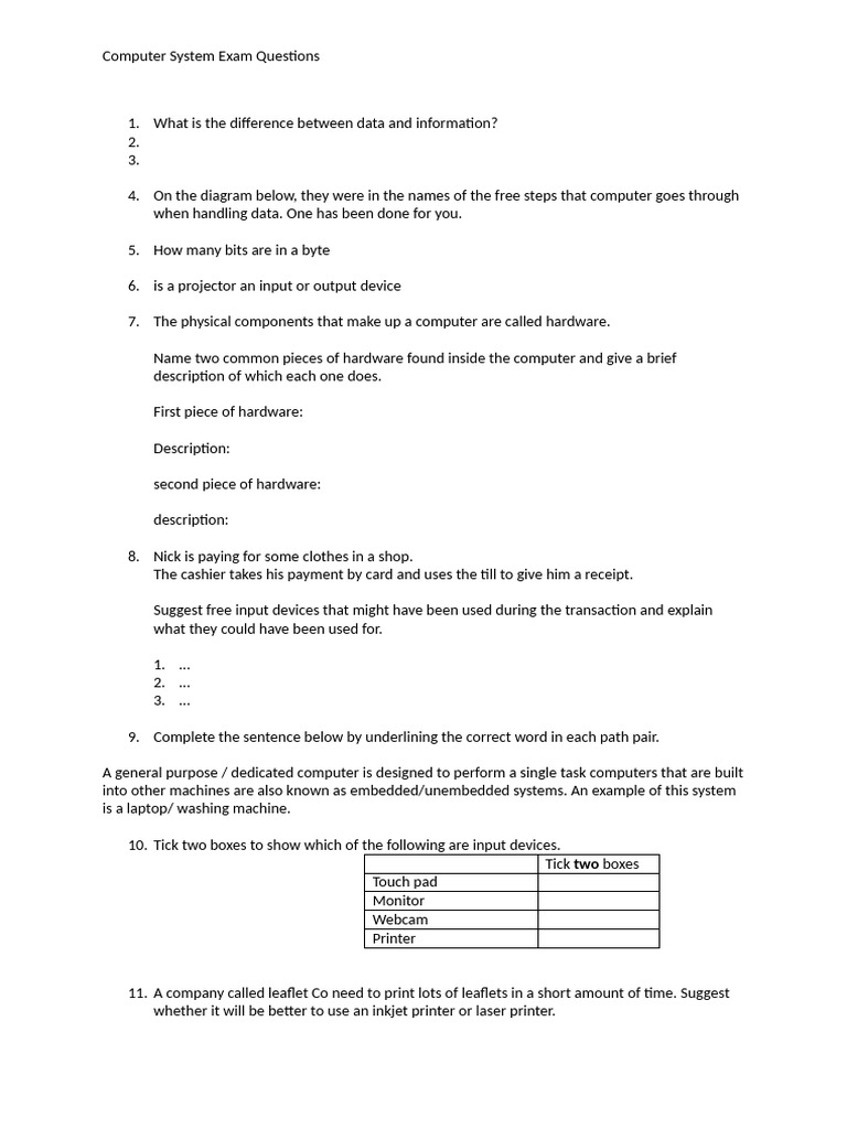 Computer System Exam Questions | PDF
