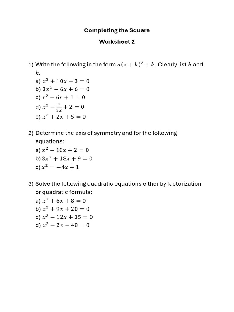 Completing The Square Worksheet 2 | PDF