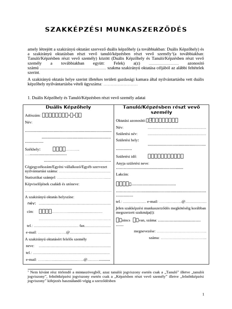 Szakkepzesi Munkaszerzodes Minta | PDF