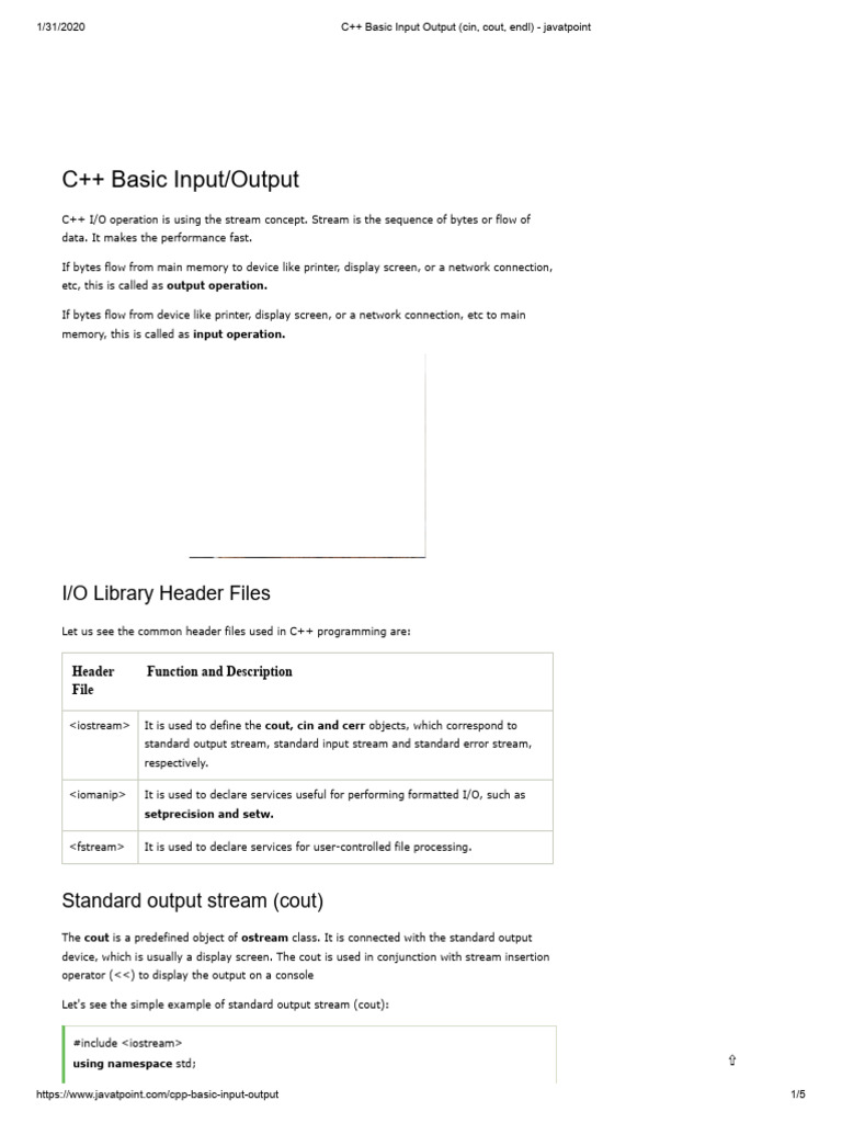 C++ Basic Input Output (Cin, Cout, Endl) - Javatpoint | PDF