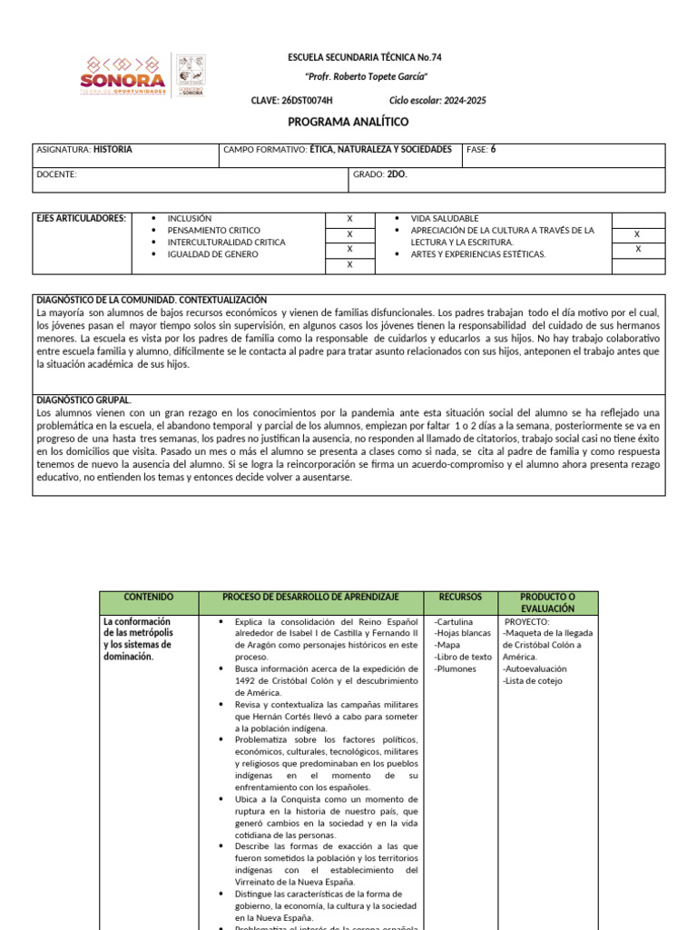 Plan Analitico 2024-2025, Historia 2do. Grado | PDF