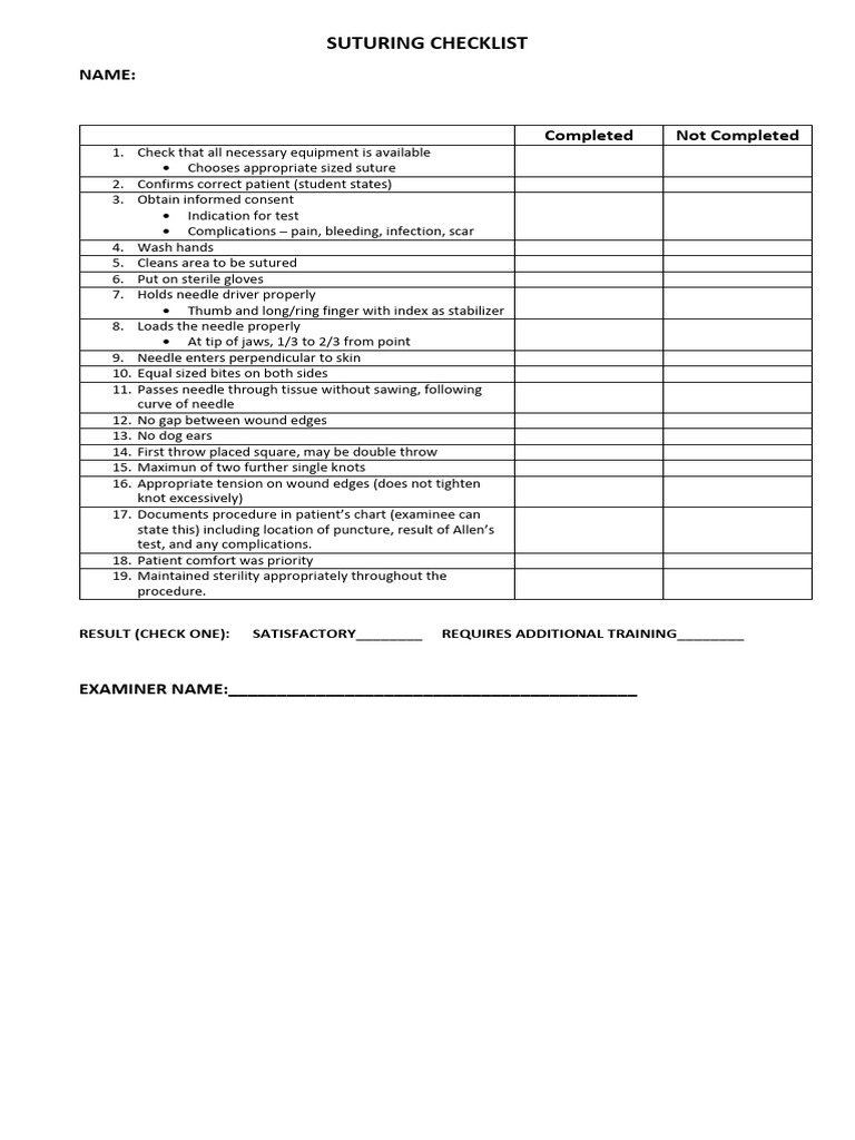 Suturing Checklist | PDF