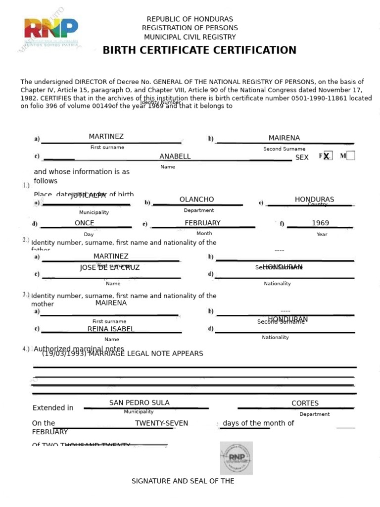 Birth Certificate Certification: Identity Number | PDF
