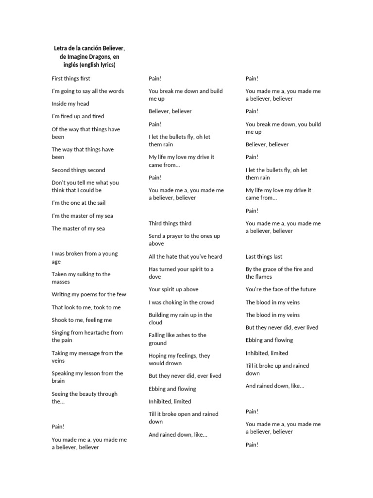 Letra de La Canción Believer | PDF