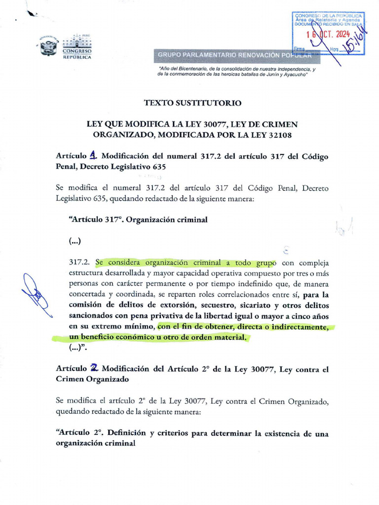 Texto Sustitutorio Que Modifica La Ley de Crimen Organizado | PDF ...