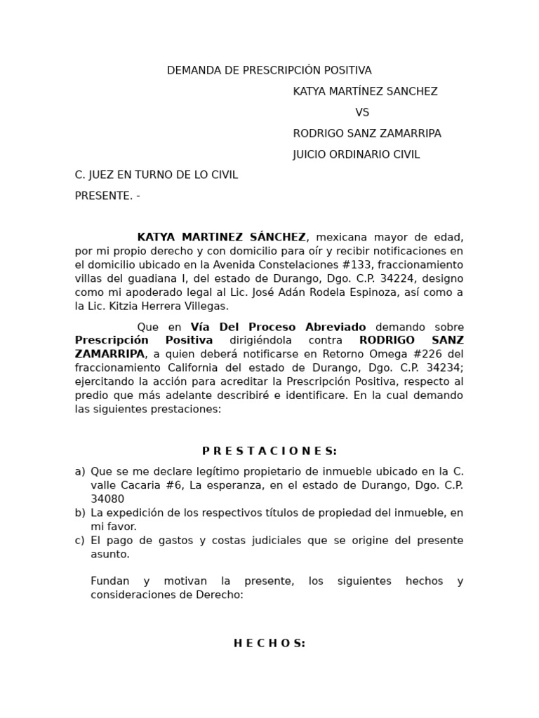 Demanda de Prescripción Positiva | PDF