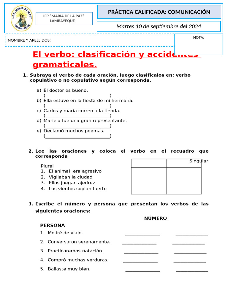 PRACTICA CALIFICADA DE COMUNICACIÓN EL VERBO CLASIFICACION Y ACCIDENTES