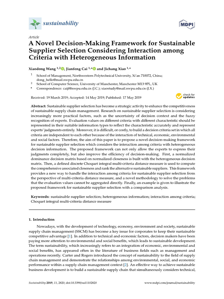 A Novel Decision-Making Framework For Sustainable Supplier Selection ...