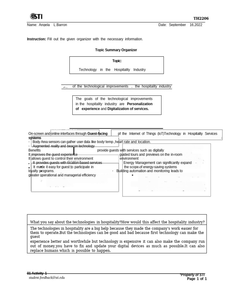 Instruction: Topic Summary Organizer Topic:: Advanced Hospitality ...