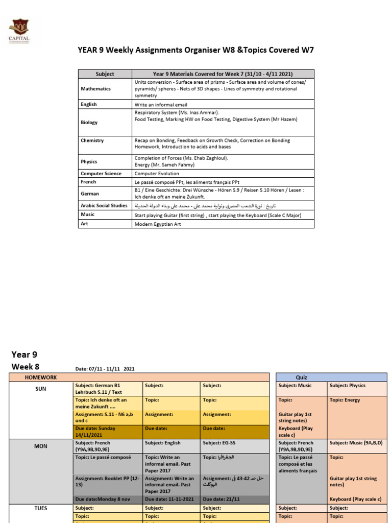 YEAR 9 Weekly Assignment Organiser | PDF