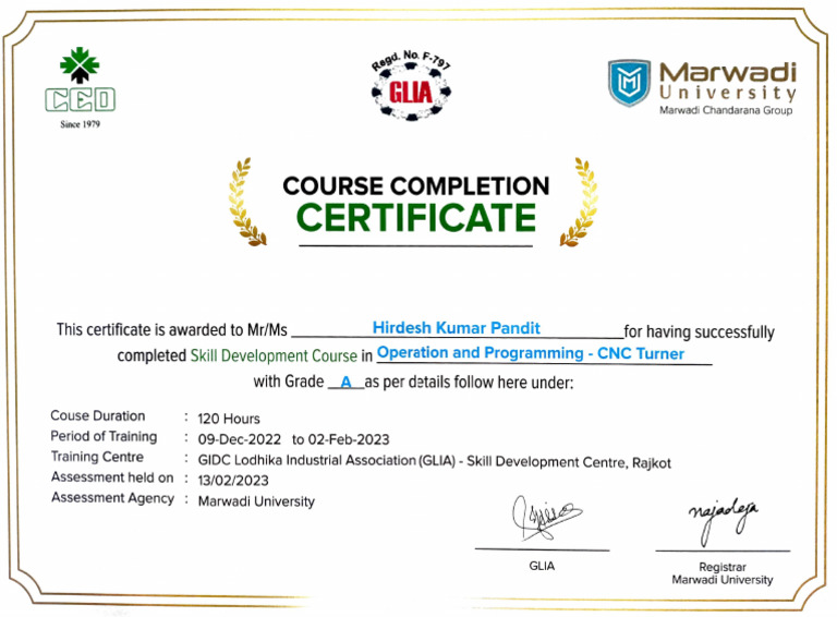 CNC Turner Course Completion Certificate | PDF