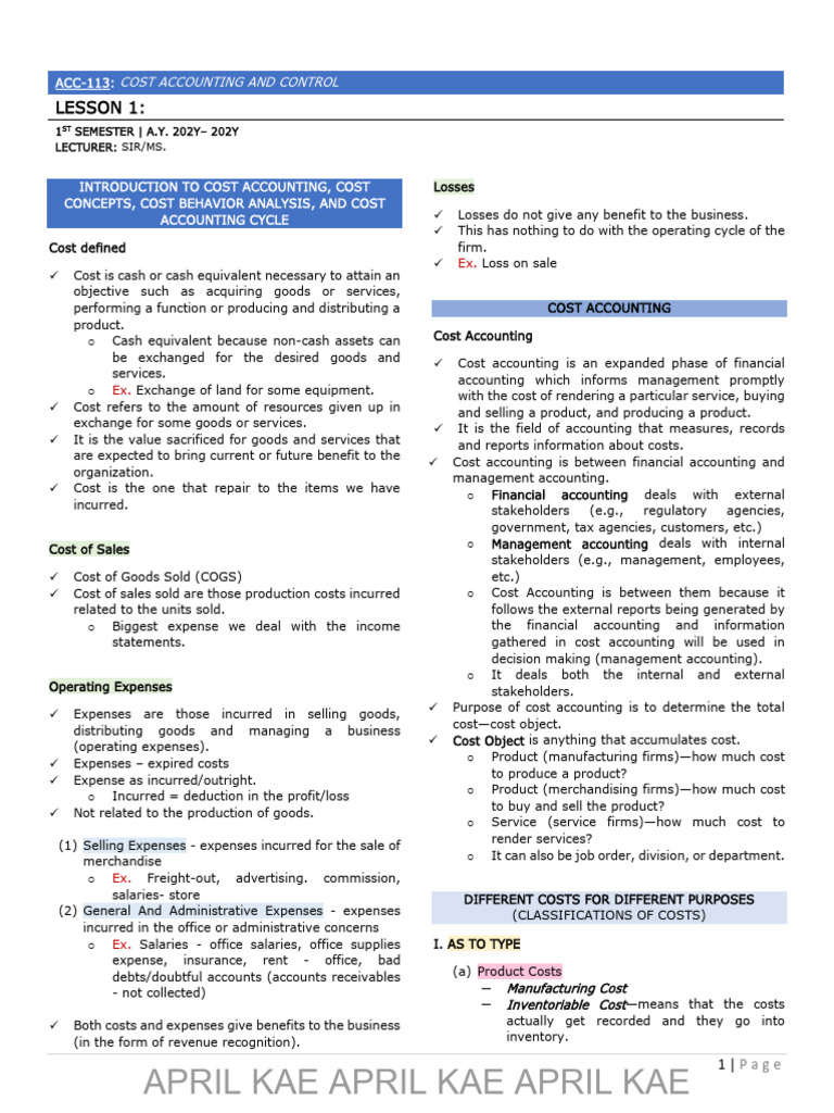 Cost Accounting and Control Introduction To Cost Accounting and Control ...