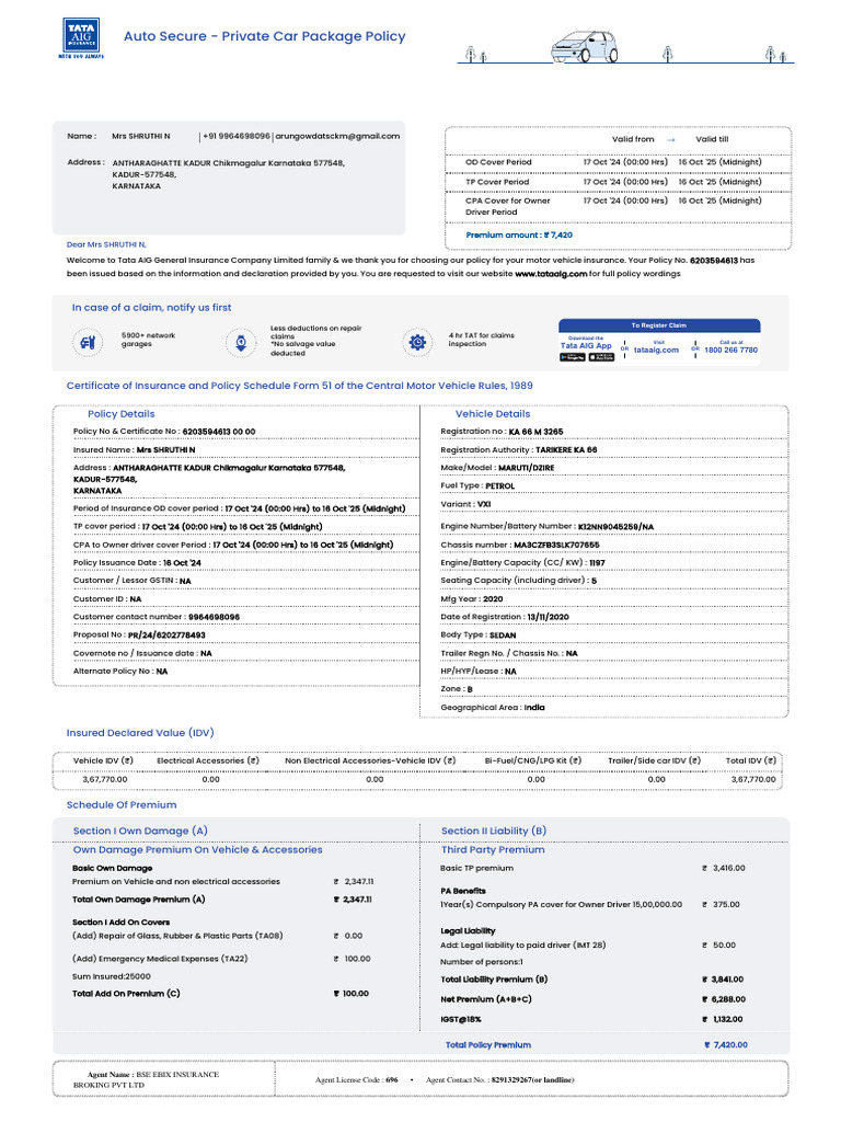 Tata AIG Motor Policy Schedule 3184 6203594613 | PDF