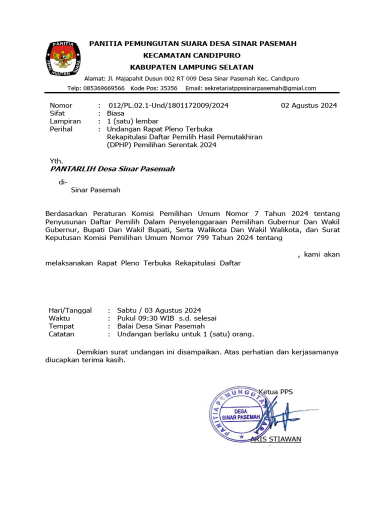 Undangan Rapat Pleno DPHP 2024 | PDF