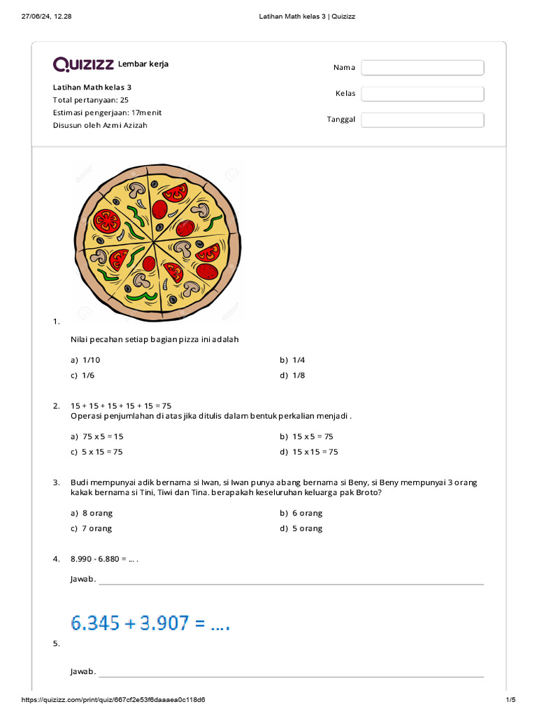 Latihan Math Kelas 3 Quizizz Pdf