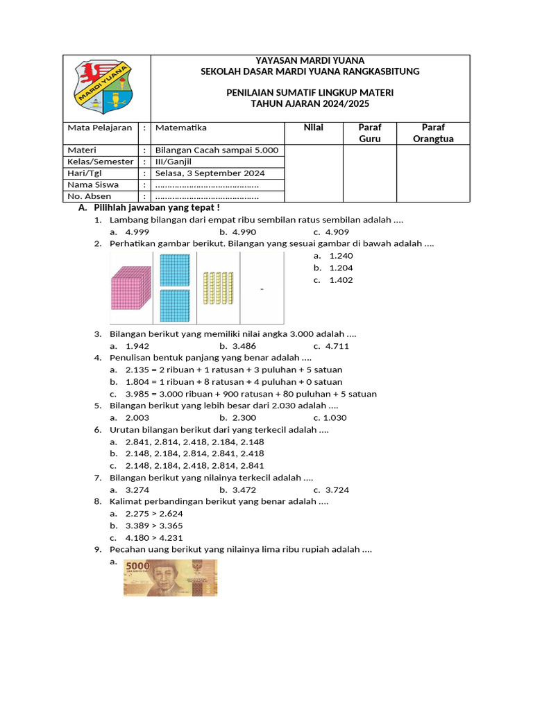 Ulangan Matematika Kelas 3 Bab 1 | PDF