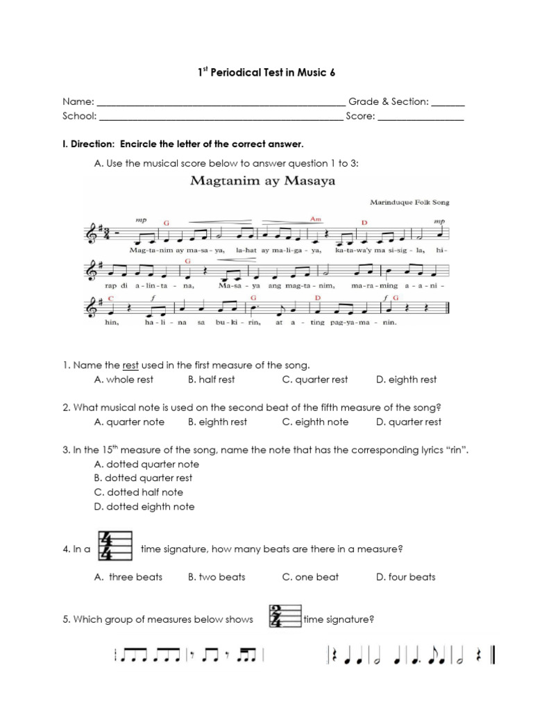 Music 6 First Periodical Test Guide | PDF
