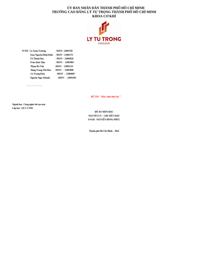 Bia - Thuyet Minh Do An Nguyen Ly Chi Tiet May | PDF