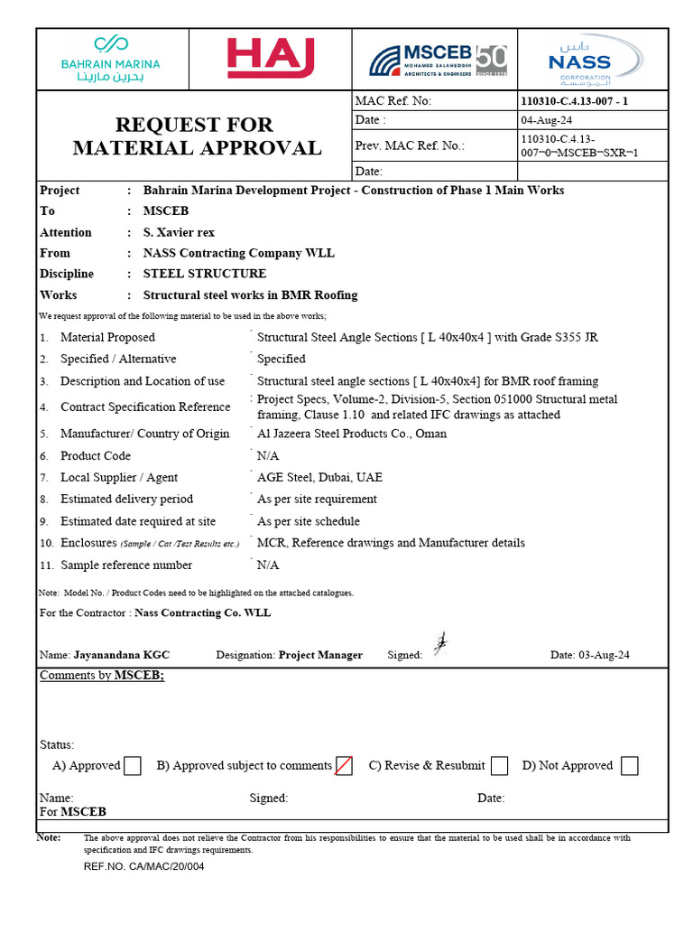 Request For Material Approval: 04-Aug-24 110310-C.4.13-007 0 MSCEB SXR ...