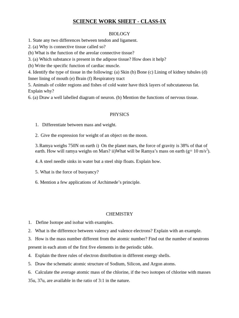 Standard IX Science Worksheet | PDF