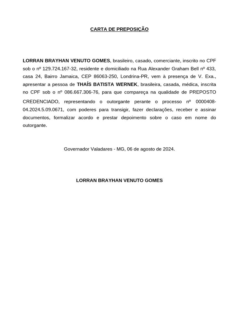 Carta de Preposição | PDF