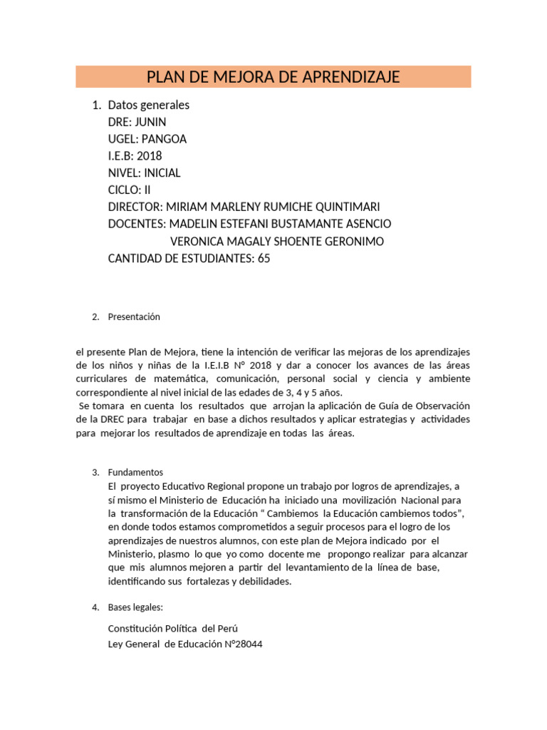 Plan de Mejora de Aprendizaje 2024 01 | PDF