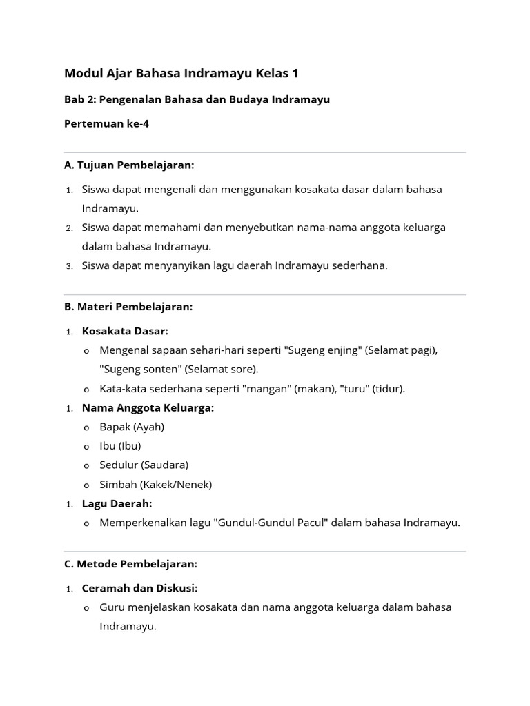 Modul Ajar Bahasa Indramayu Kelas 1 | PDF | Seni & Disiplin Bahasa ...