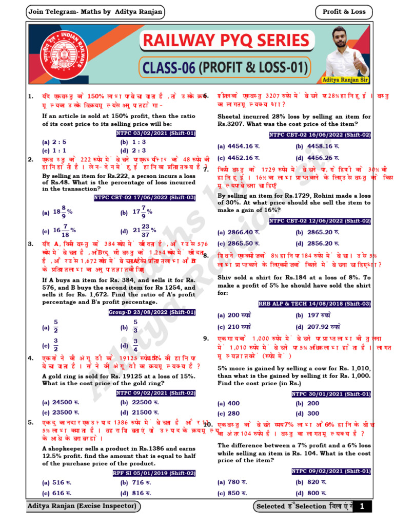 Class - 06 (Profit & Loss - 01) (Railway PYQ Series) | PDF