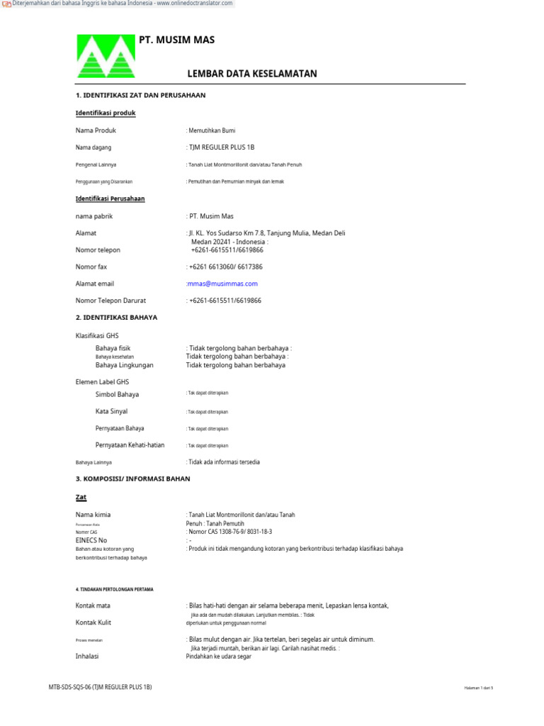 MSDS TJM Regular Plus 1b.en - Id | PDF