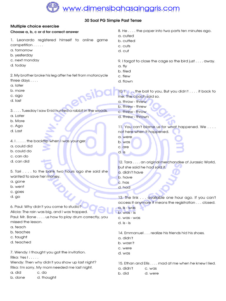 DBI - 30 Soal PG Simple Past Tense | PDF