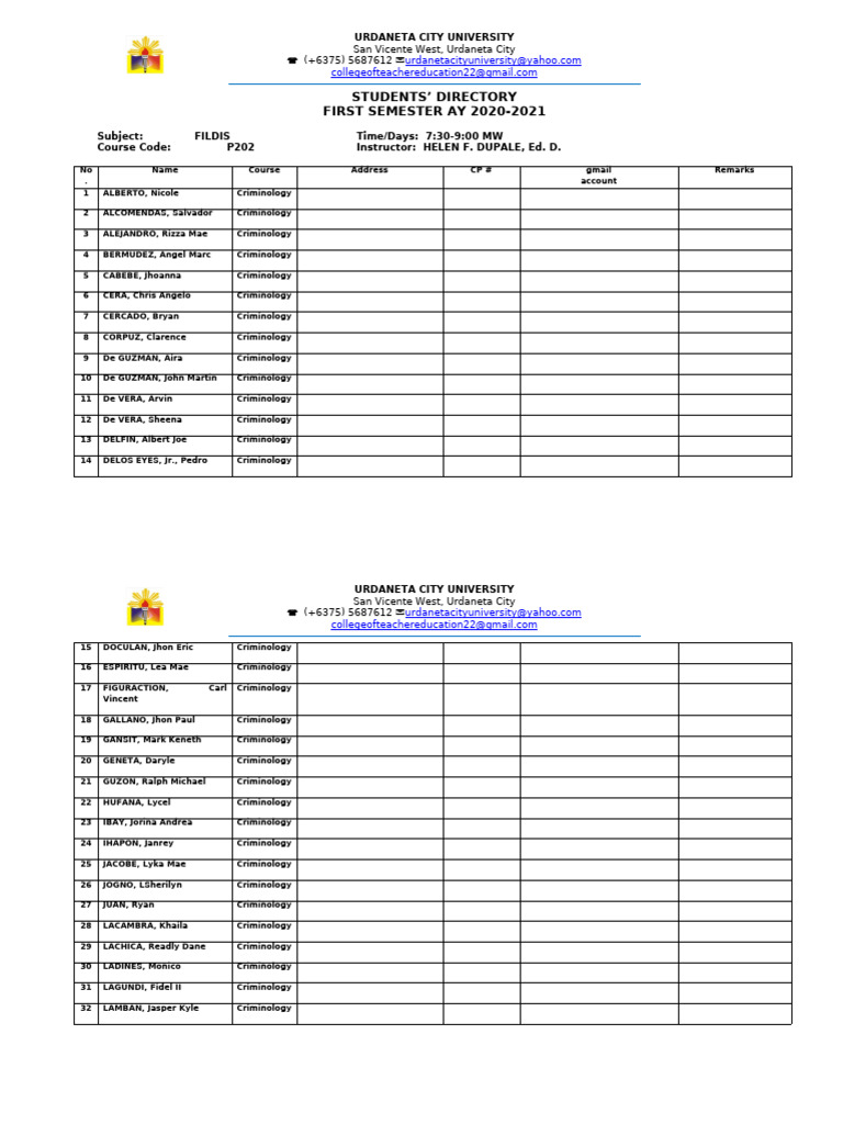 Students Directory 1st Sem 2020 2021 | PDF