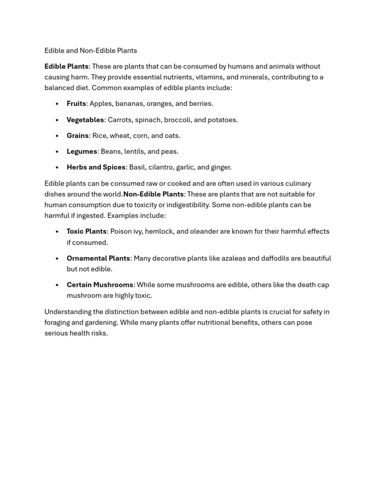 Edible And Non Edible Plants Chart