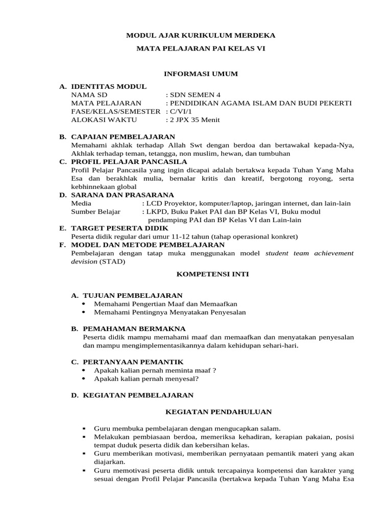 Modul Ajar Kurikulum Merdeka Kelas Vi Pai Pdf