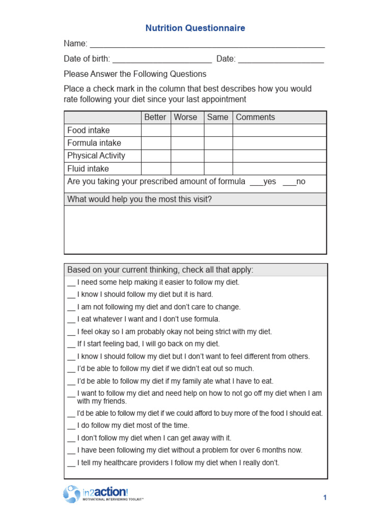 Formal Nutrition Questionnaire Example (1) | PDF