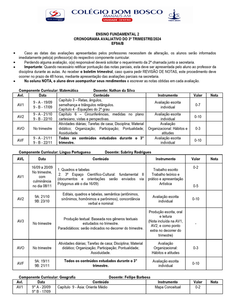 Crono Avaliação 9ab 3ºtrimestre | PDF