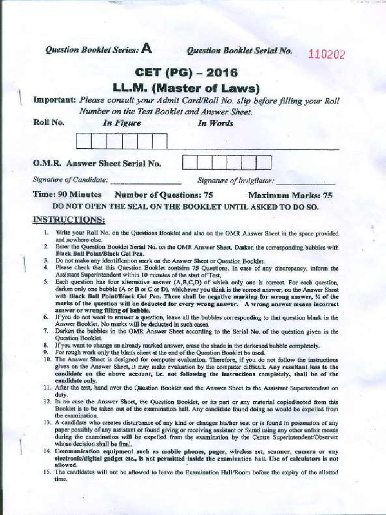 LLM Entrance Exam 2016 | PDF