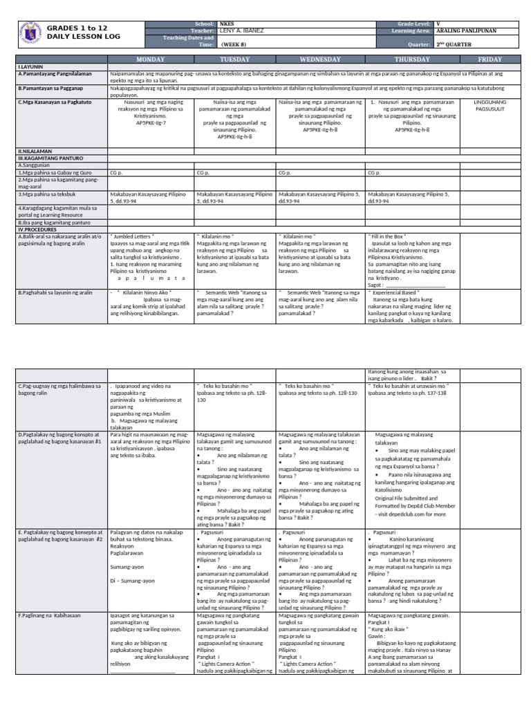 DLL - Araling Panlipunan 5 - Q2 - W8 | PDF