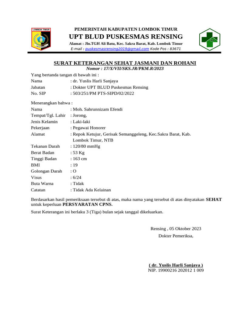 Surat Keterangan Sehat Jasmani Dan Rohani Puskesmas | PDF