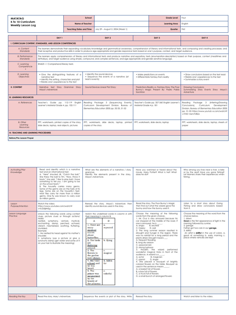 Matatag K To 10 Curriculum Weekly Lesson Log | PDF