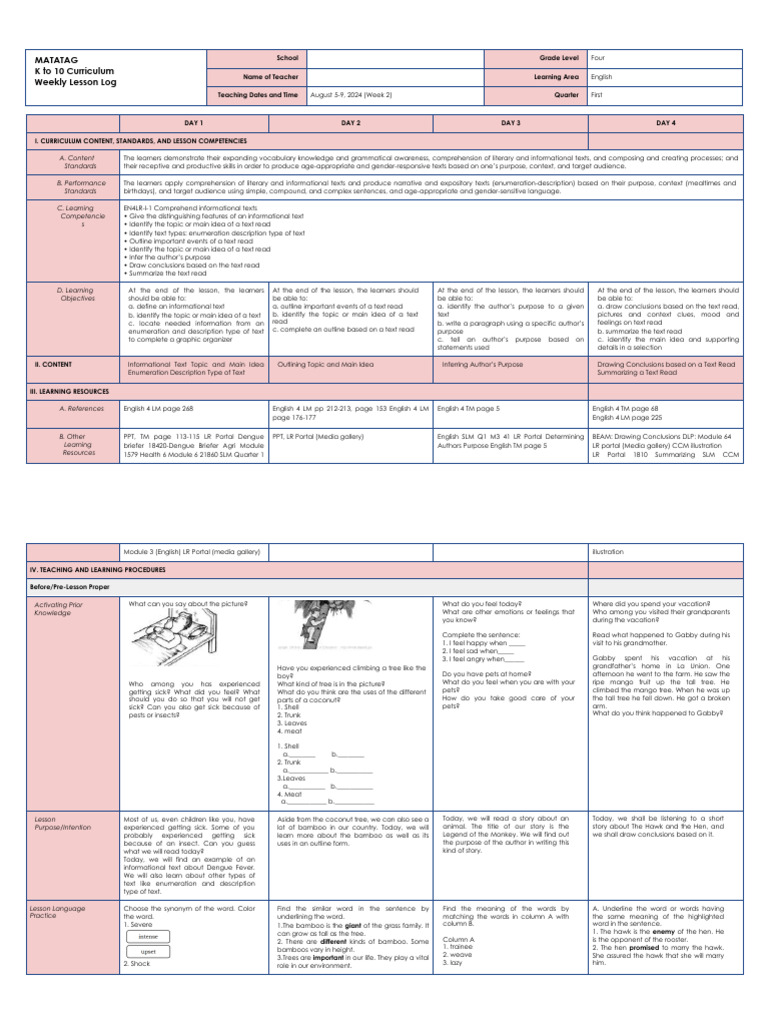 Matatag K To 10 Curriculum Weekly Lesson Log | PDF