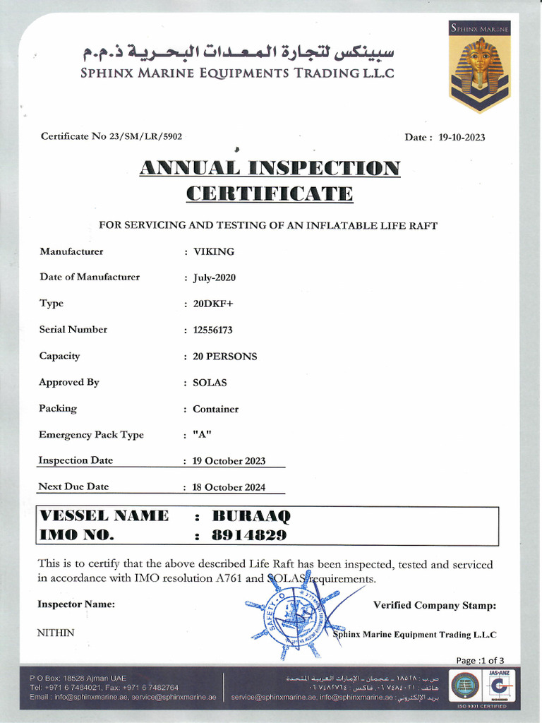 Life Raft 2 Inspection Report - 22.10.2024 | PDF
