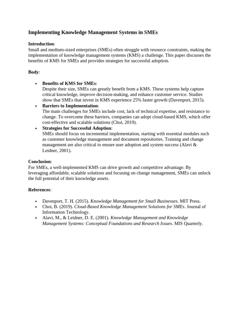 Implementing Knowledge Management Systems in SMEs | PDF