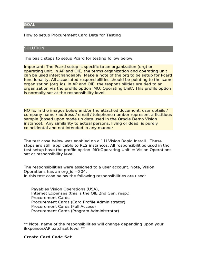 How To Setup Procurement Card Data For Testing | PDF