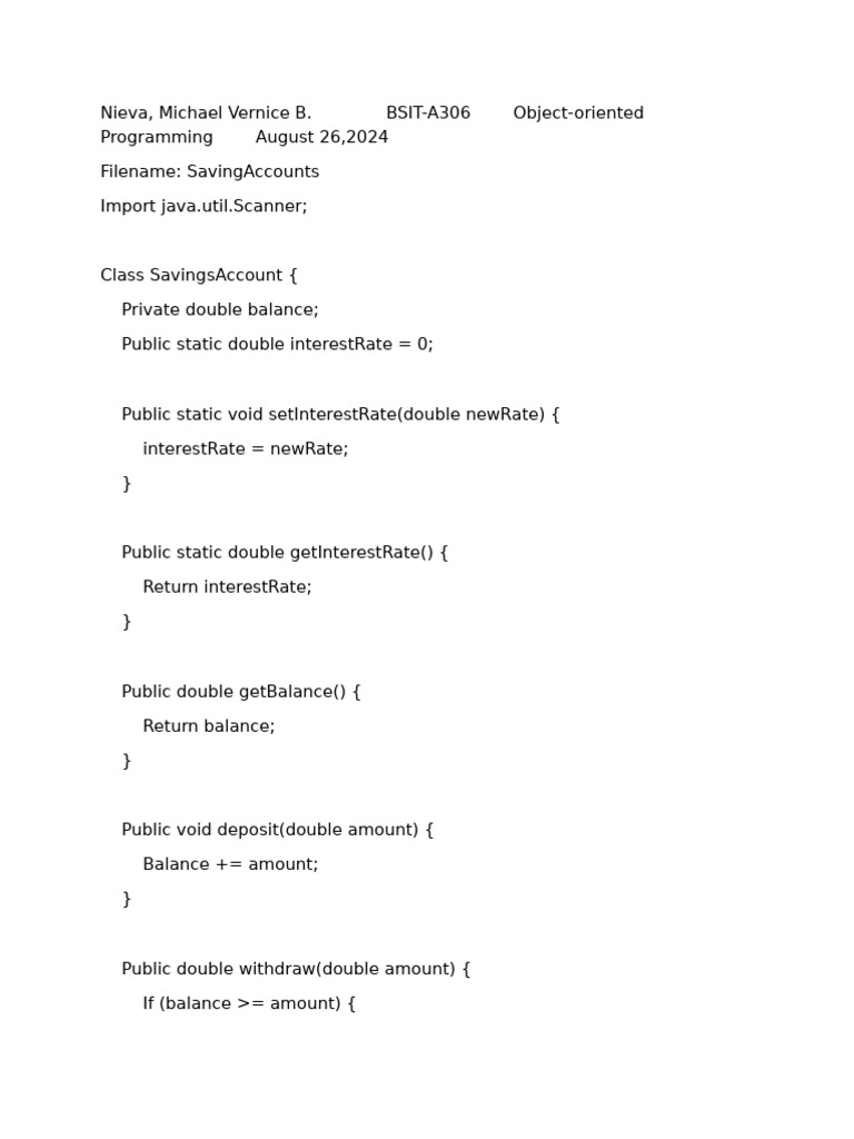 Java Savings Account Management | PDF