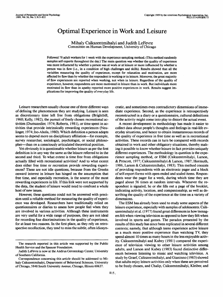 Paper Optimal experience in work and leisure | PDF